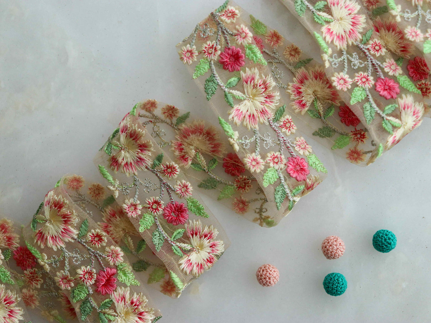 Yellow Pink Floral Embroidered Trim,Cream Floral Border,Yellow Pink Net Lace,Indian Fabric Trim, Floral Saree Border,Price/mtr