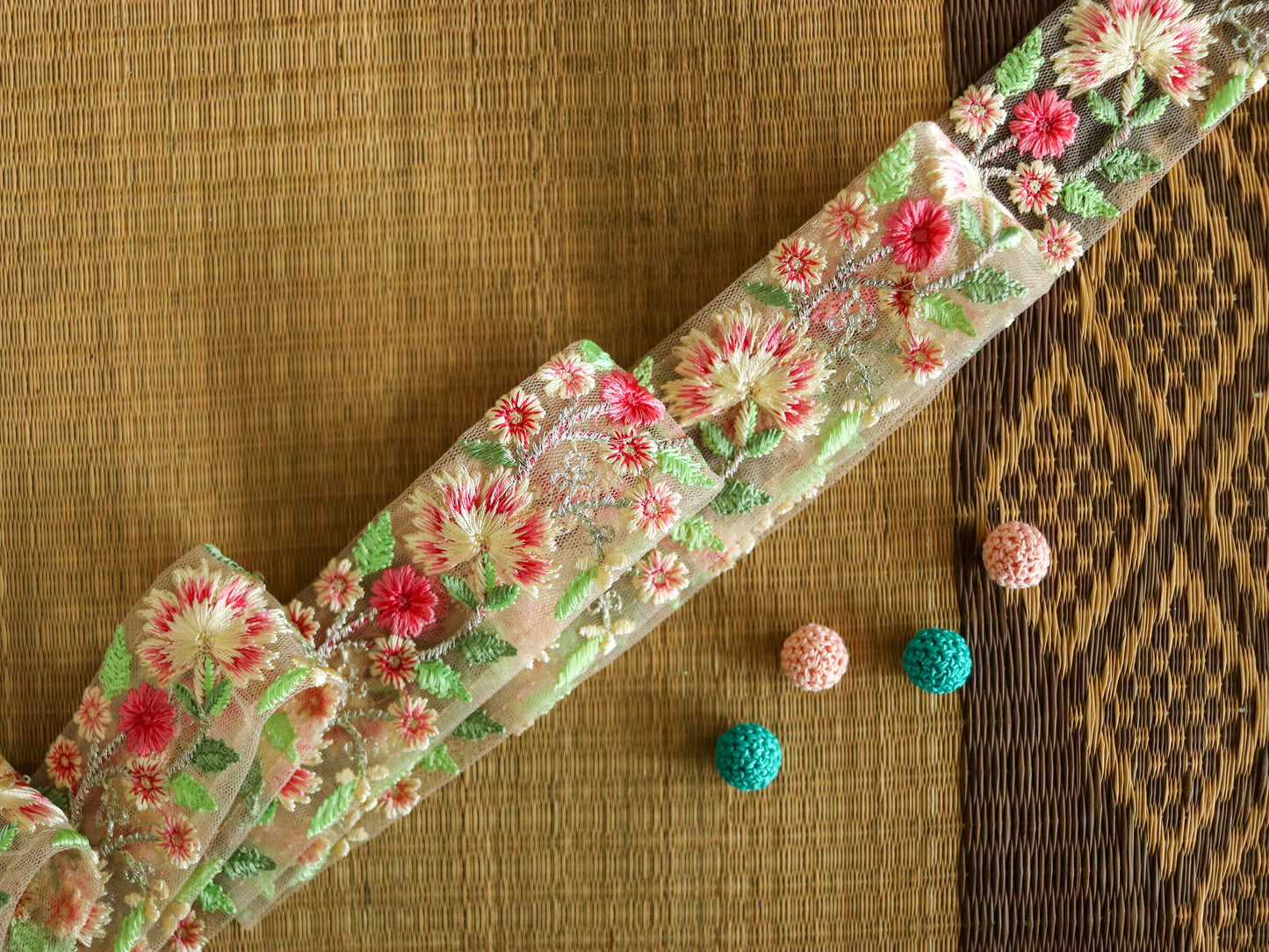 Yellow Pink Floral Embroidered Trim,Cream Floral Border,Yellow Pink Net Lace,Indian Fabric Trim, Floral Saree Border,Price/mtr