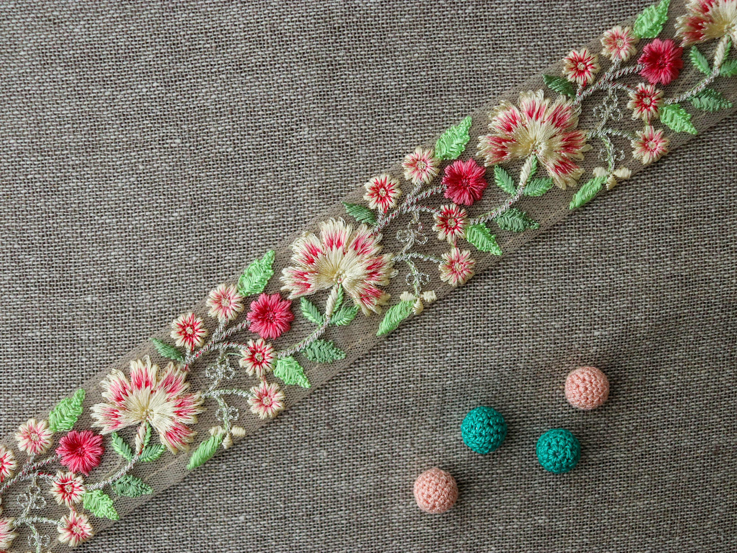 Yellow Pink Floral Embroidered Trim,Cream Floral Border,Yellow Pink Net Lace,Indian Fabric Trim, Floral Saree Border,Price/mtr