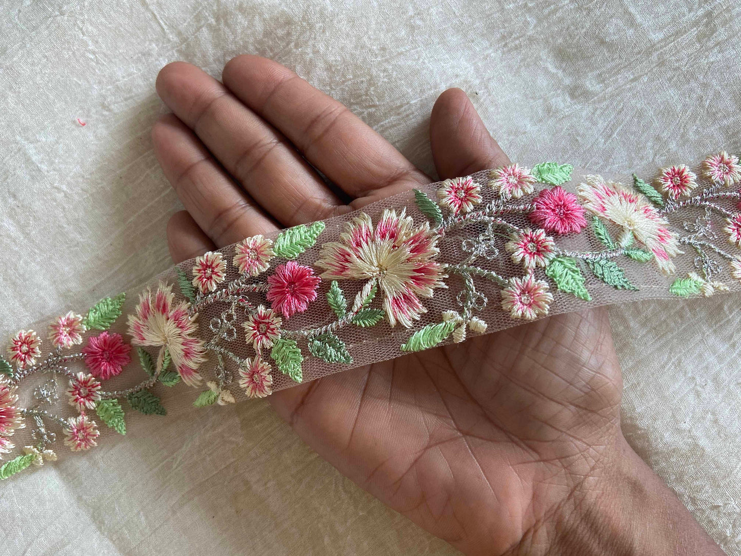 Yellow Pink Floral Embroidered Trim,Cream Floral Border,Yellow Pink Net Lace,Indian Fabric Trim, Floral Saree Border,Price/mtr