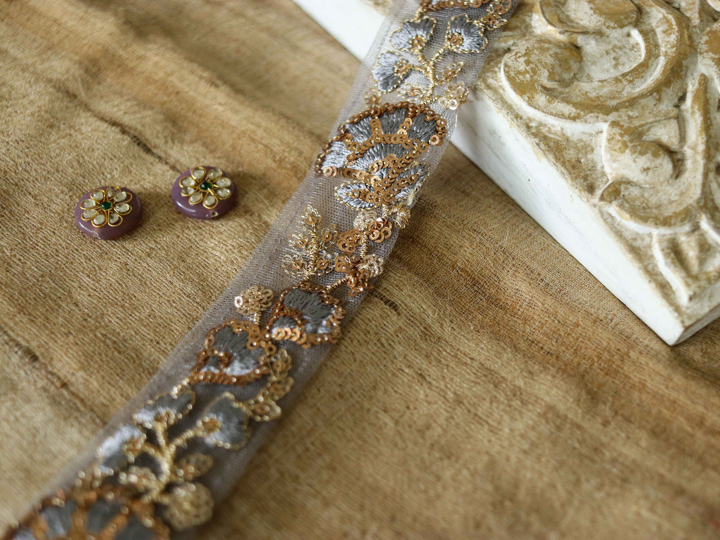 Grey Gold Floral Embroidered Trim,Grey Sequin Net Border,Grey on Grey Lace,Indian Trim,Grey Gold Saree Border,Price/mtr
