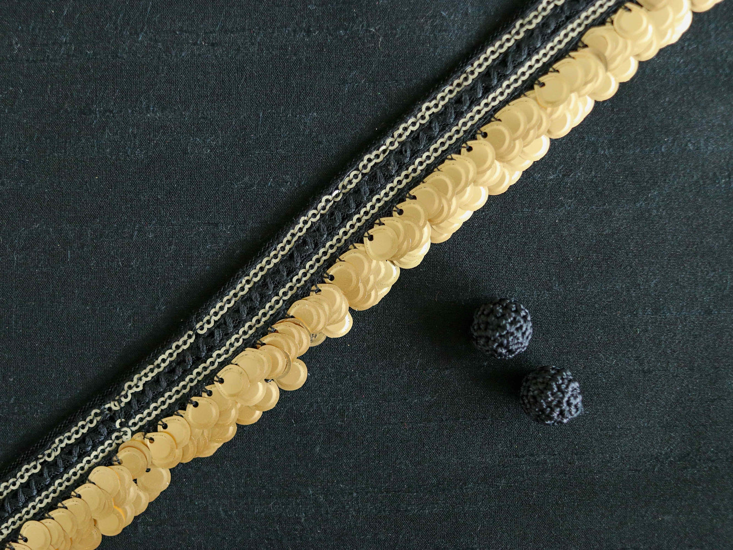 Black Gold Sequin Fringe Trim,Handmade Black Sequin Net Border,Boho Black Lace,Belly Dancing Trim,Coin Saree Border,Price/mtr