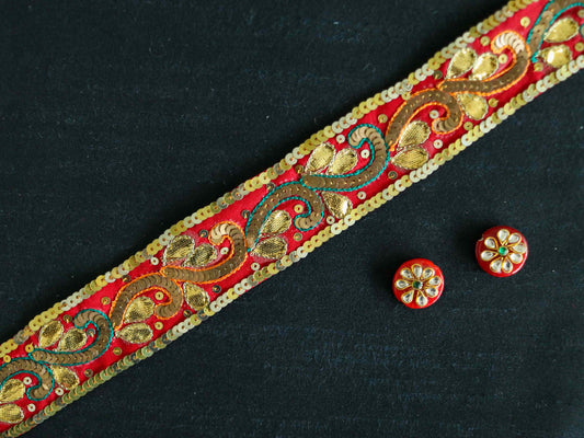 Vintage Red Gold Embroidered Trim, Handmade Old Gold Sequin Floral Border, Antique Red Bridal Saree Border, Indian Fabric Trim, Price/mtr,CL