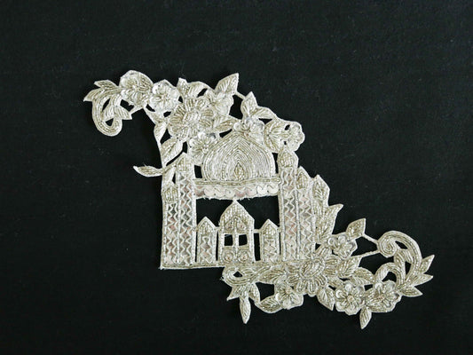 Silver Palace Embroidered Patch,Handmade Taj Mahal Applique,Royal Palace Silver Cutwork Patch,DIY Costume Dress Patch