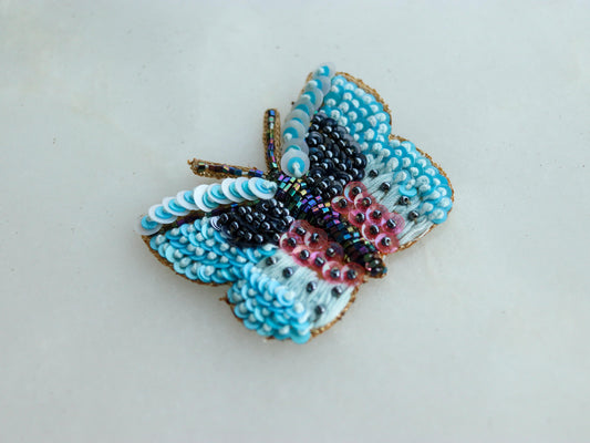 Blue Sequin Butterfly Embroidered Patch,Handmade Blue Silver Sequin Insect Applique,Boho Quirky Insect Patch,DIY Patch