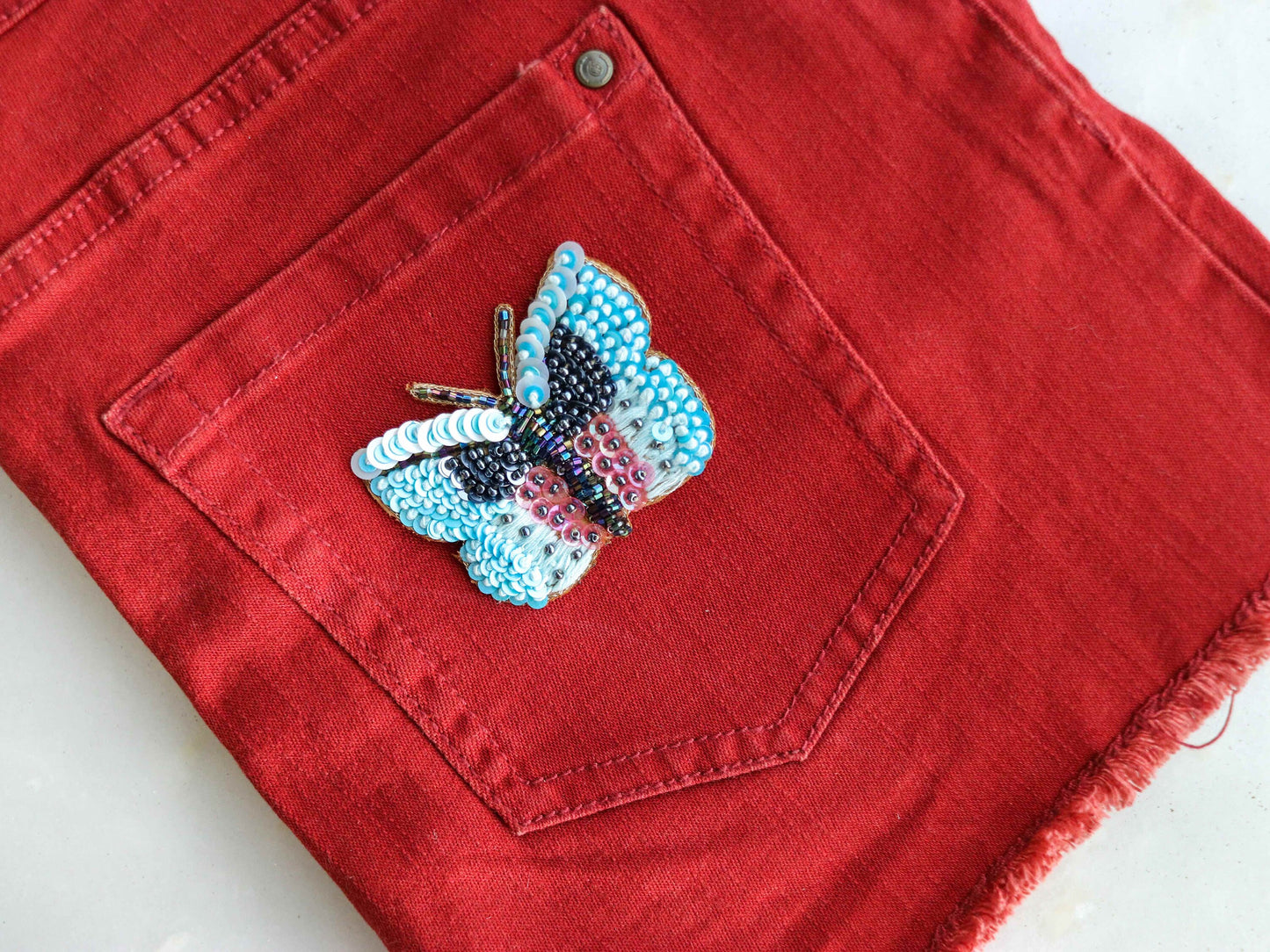 Blue Sequin Butterfly Embroidered Patch,Handmade Blue Silver Sequin Insect Applique,Boho Quirky Insect Patch,DIY Patch