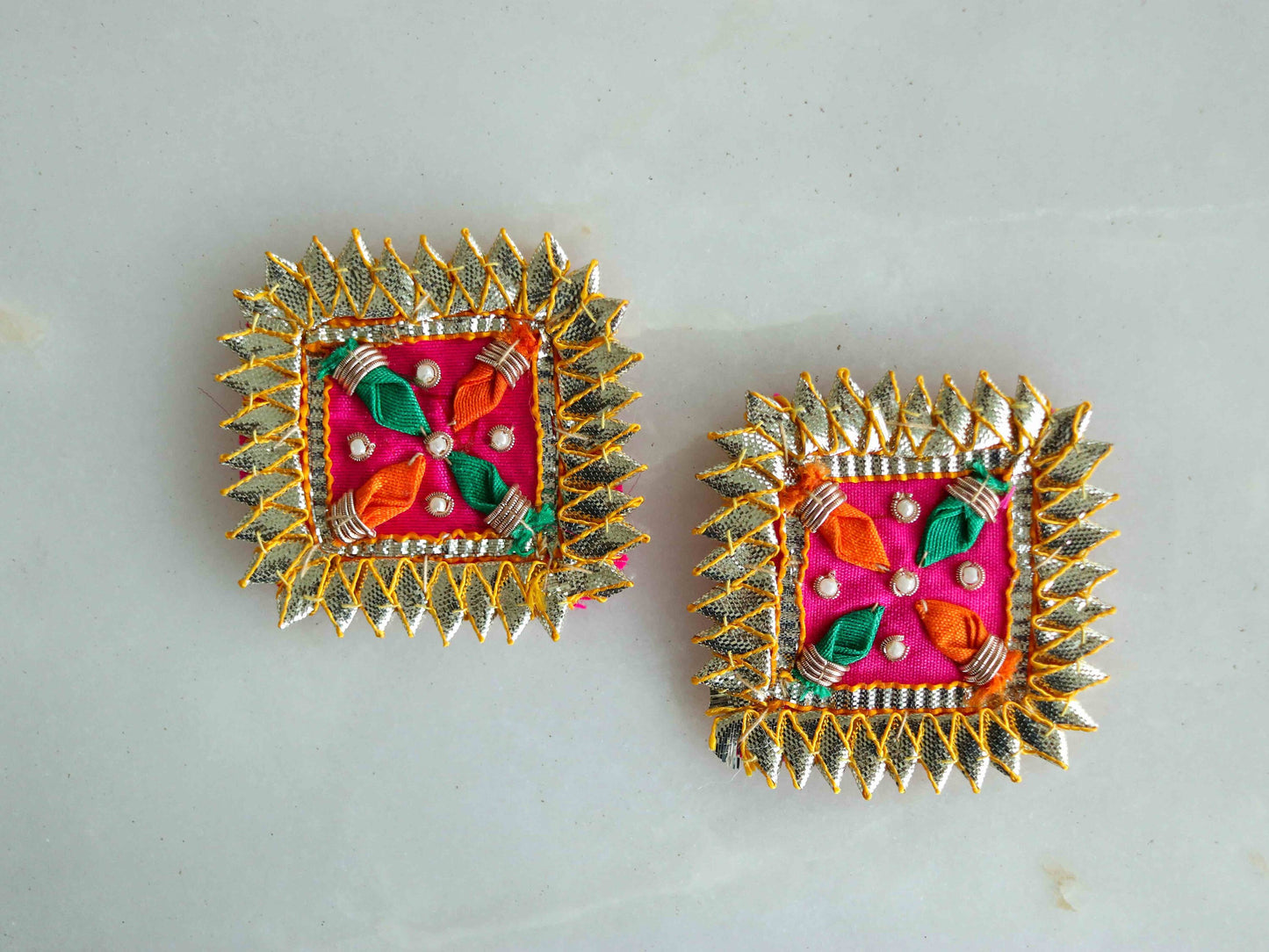 Square Pink GOld Embroidered Patch,Indian Handmade Gota Applique, Gold Foil colourful festive Kutchi patch,DIY Patch