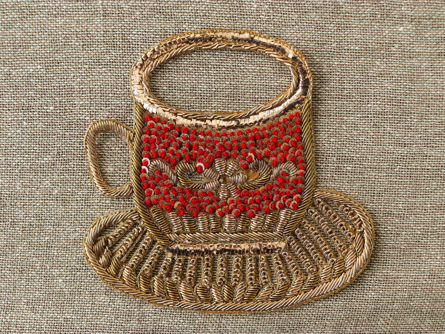 Quirky Teacup Handmade Embroidered Patch, Gold Red Cutwork Cup Saucer applique, Boho Kitschy Vessel Kitchen Patch, Playful applique