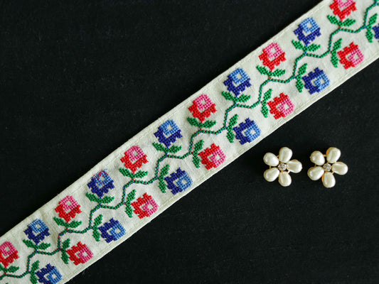 White Pink Floral Embroidered Trim,Cross Stitch Embroidered White Pink Blue Floral Lace,White Saree Border,Boho Indian Fabric Trim,Price/mtr