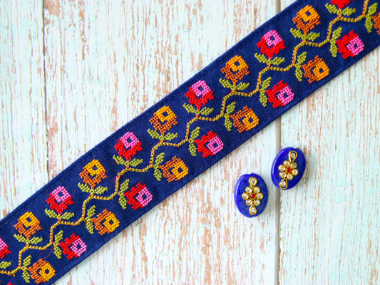 Blue Pink Floral Embroidered Trim,Cross Stitch Embroidered Blue Pink Orange Floral Lace,Blue Saree Border,Boho Indian Fabric Trim,Price/mtr