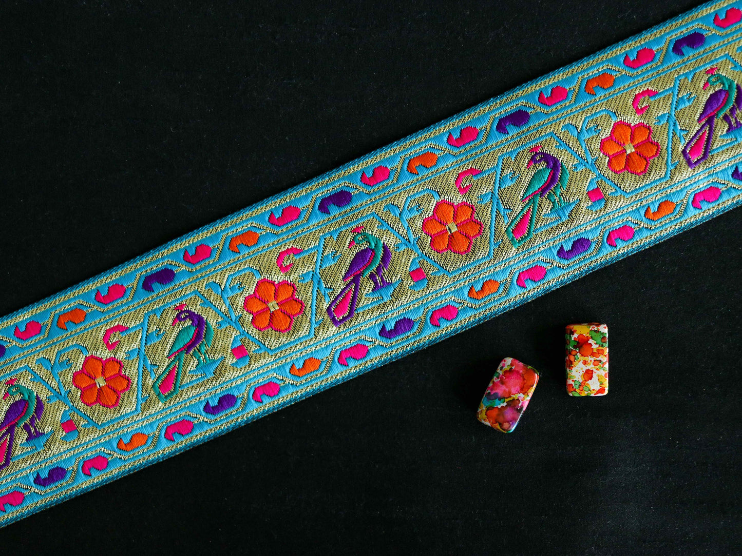 Blue Peacock Banarasi Floral Trim, Blue Purple Red Gold Brocade Border, Indian Brocade Lace, Designer Blue Bird Saree Border, Price/mtr, CL