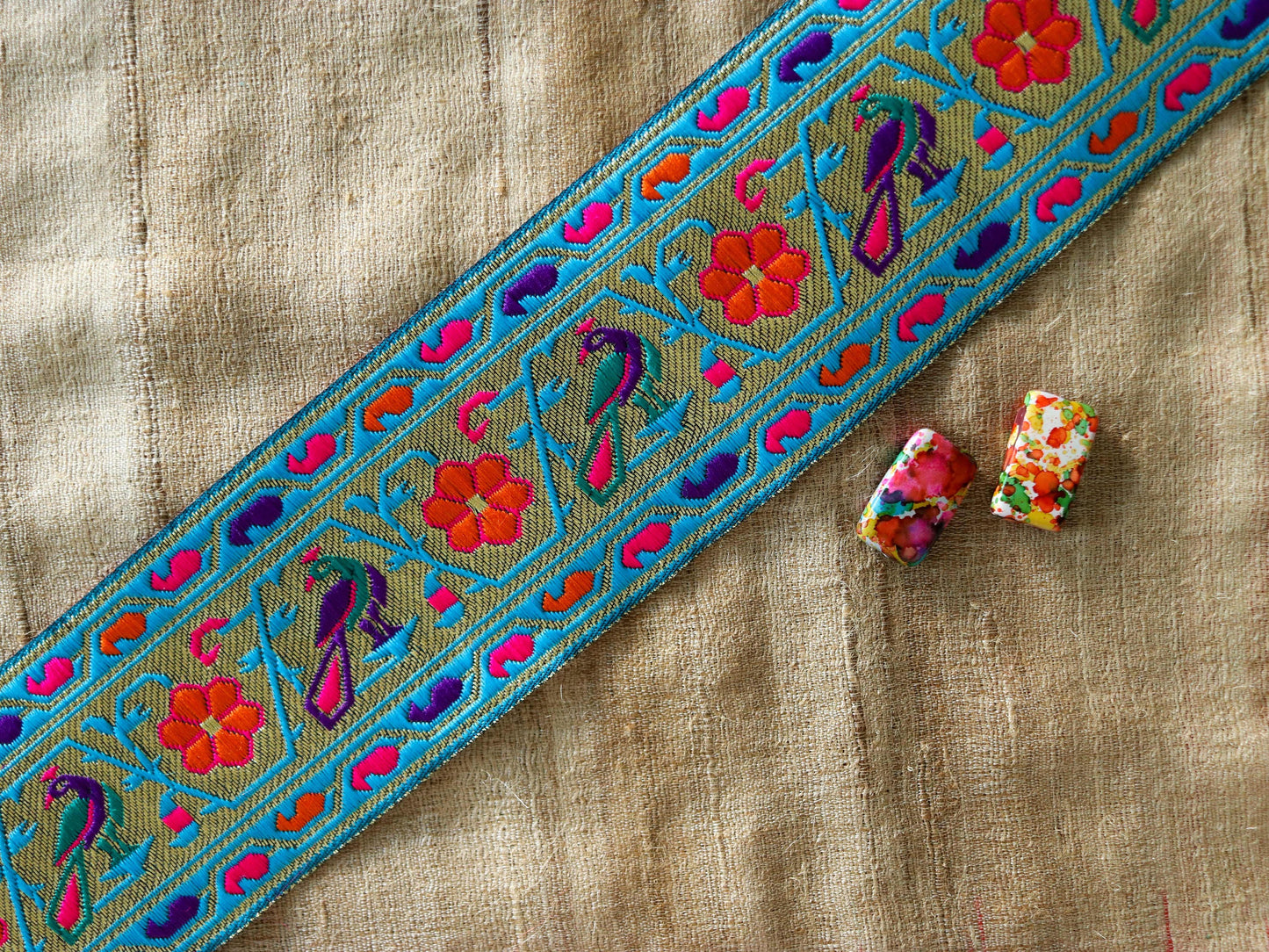 Blue Peacock Banarasi Floral Trim, Blue Purple Red Gold Brocade Border, Indian Brocade Lace, Designer Blue Bird Saree Border, Price/mtr, CL