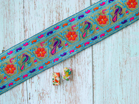 Blue Peacock Banarasi Floral Trim, Blue Purple Red Gold Brocade Border, Indian Brocade Lace, Designer Blue Bird Saree Border, Price/mtr, CL