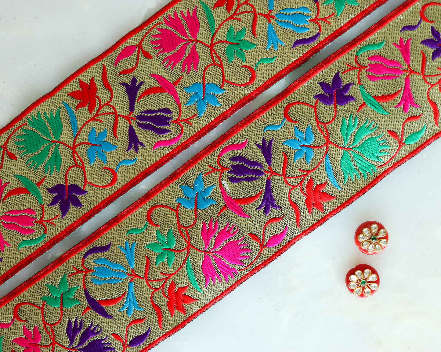 Red Gold Floral Banarasi Trim, Brocade Silk Border, Multicolour Indian Brocade Lace, Banarasi Saree Border, Floral Bridal Trim, Price/mtr