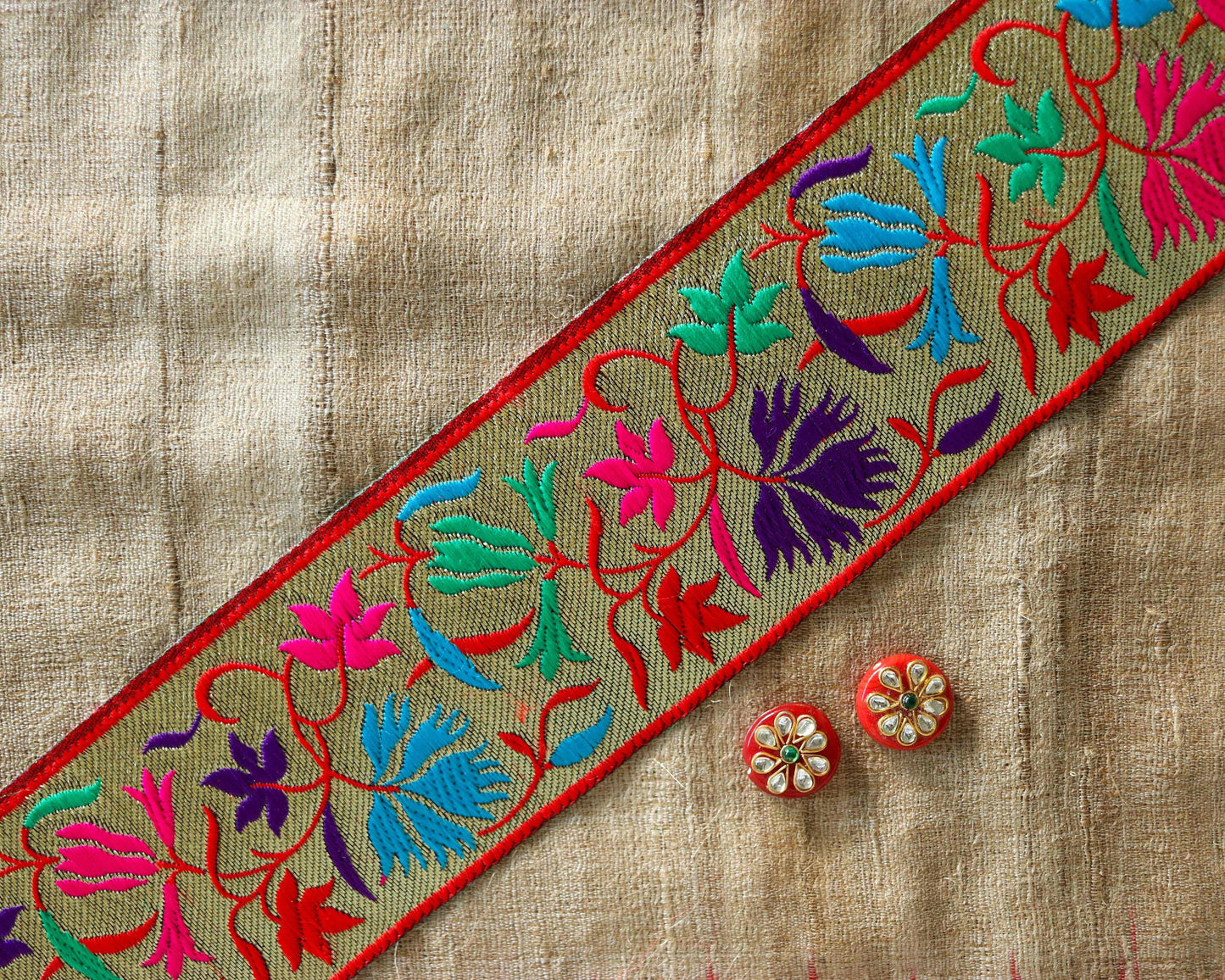 Red Gold Floral Banarasi Trim, Brocade Silk Border, Multicolour Indian Brocade Lace, Banarasi Saree Border, Floral Bridal Trim, Price/mtr