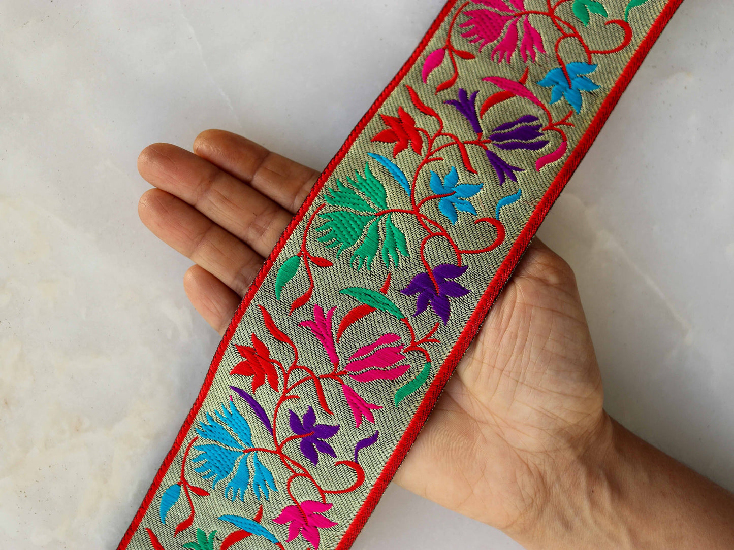 Red Gold Floral Banarasi Trim, Brocade Silk Border, Multicolour Indian Brocade Lace, Banarasi Saree Border, Floral Bridal Trim, Price/mtr