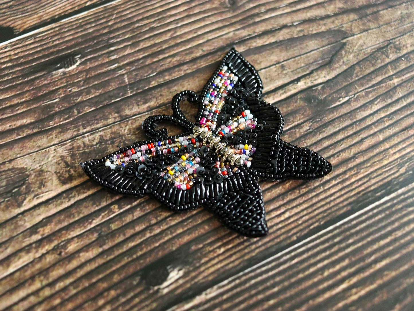 Black Butterfly Beaded Patch,Handmade Embroidered Black Insect Applique, Boho Quirky Butterfly Patch,DIY Patch