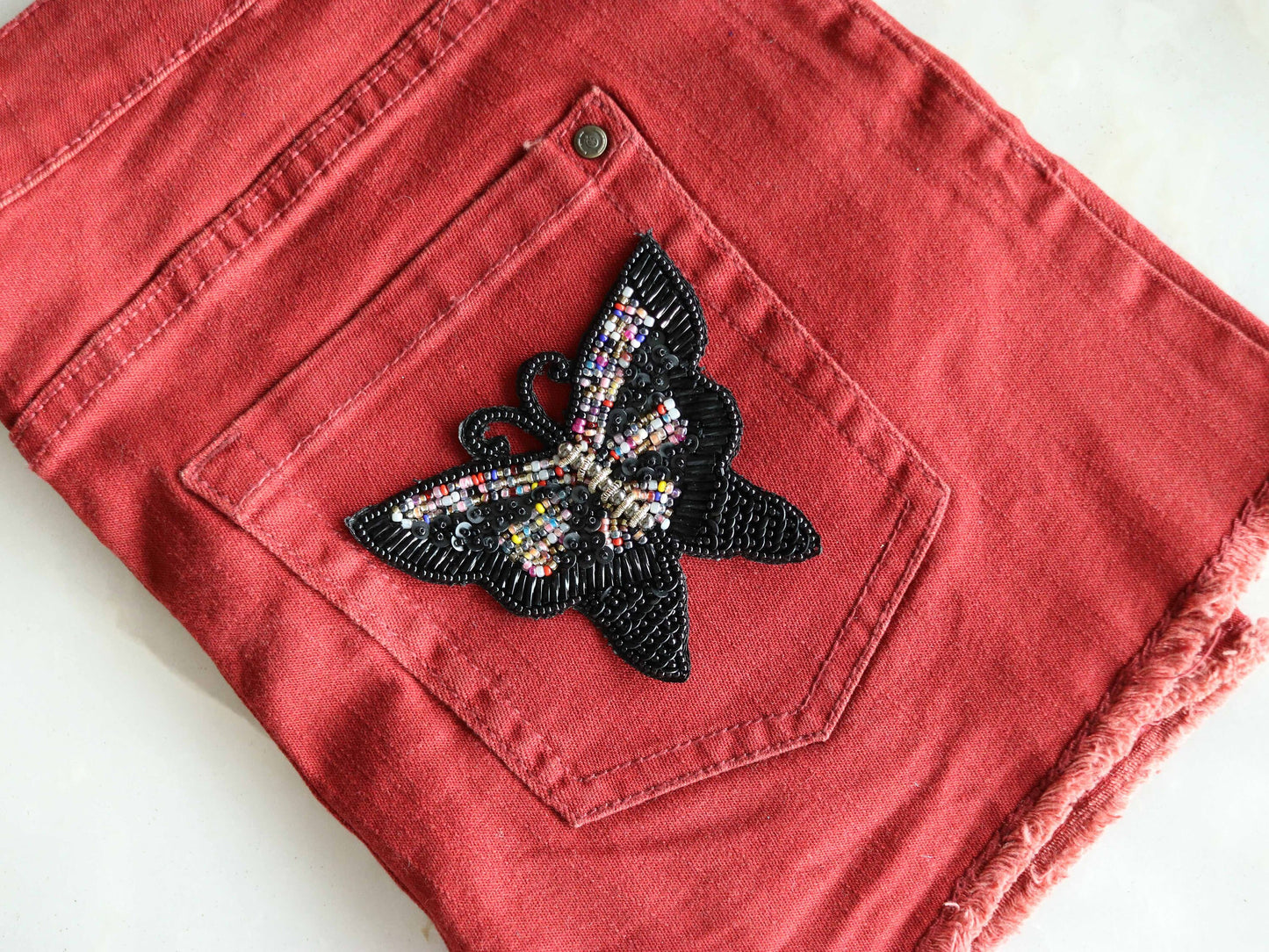 Black Butterfly Beaded Patch,Handmade Embroidered Black Insect Applique, Boho Quirky Butterfly Patch,DIY Patch