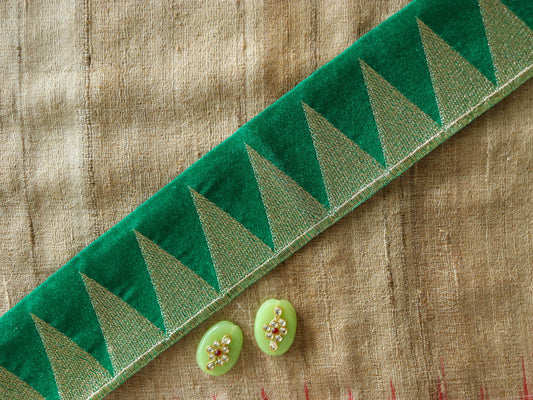 Green Gold Triangle Velvet Trim,Indian Temple Weave Border,Green Gold Pyramid Lace,Velvet Saree Border,Price/mtr