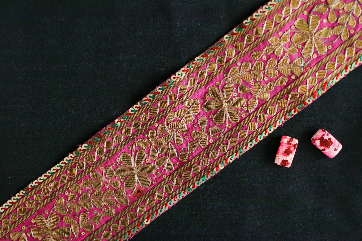 Vintage Pink Gold Embroidered Trim,Handmade Gold Gota Sequin Floral Border,Antique Pink Bridal Saree Border,Indian Fabric Trim,Price/mtr