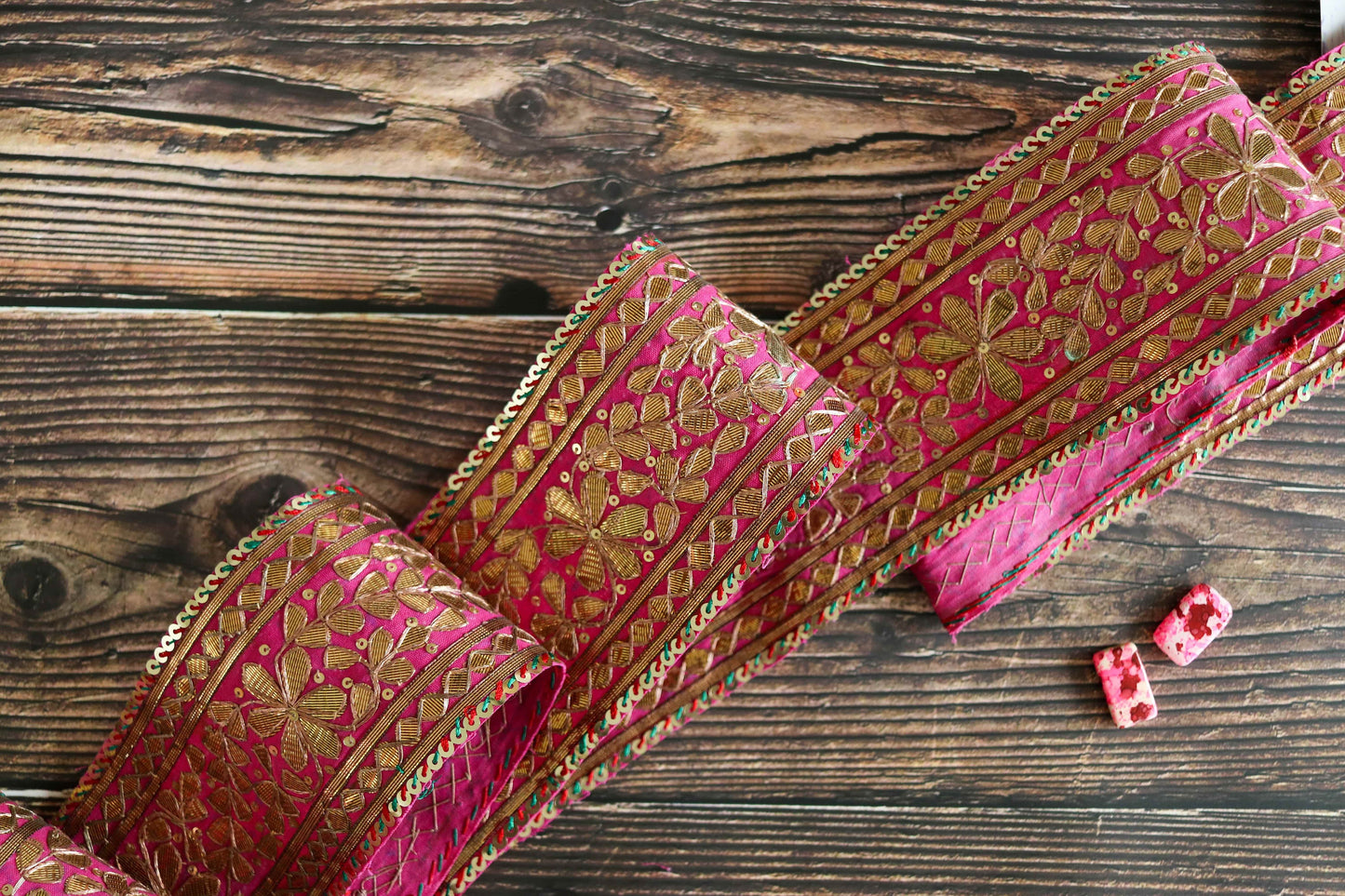 Vintage Pink Gold Embroidered Trim,Handmade Gold Gota Sequin Floral Border,Antique Pink Bridal Saree Border,Indian Fabric Trim,Price/mtr