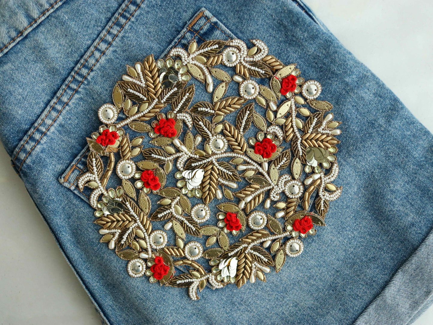 Red Gold Floral Embroidered patch,Handmade cutwork Red White Gold floral applique, Large Red Gold Sequin Applique, DIY Patch