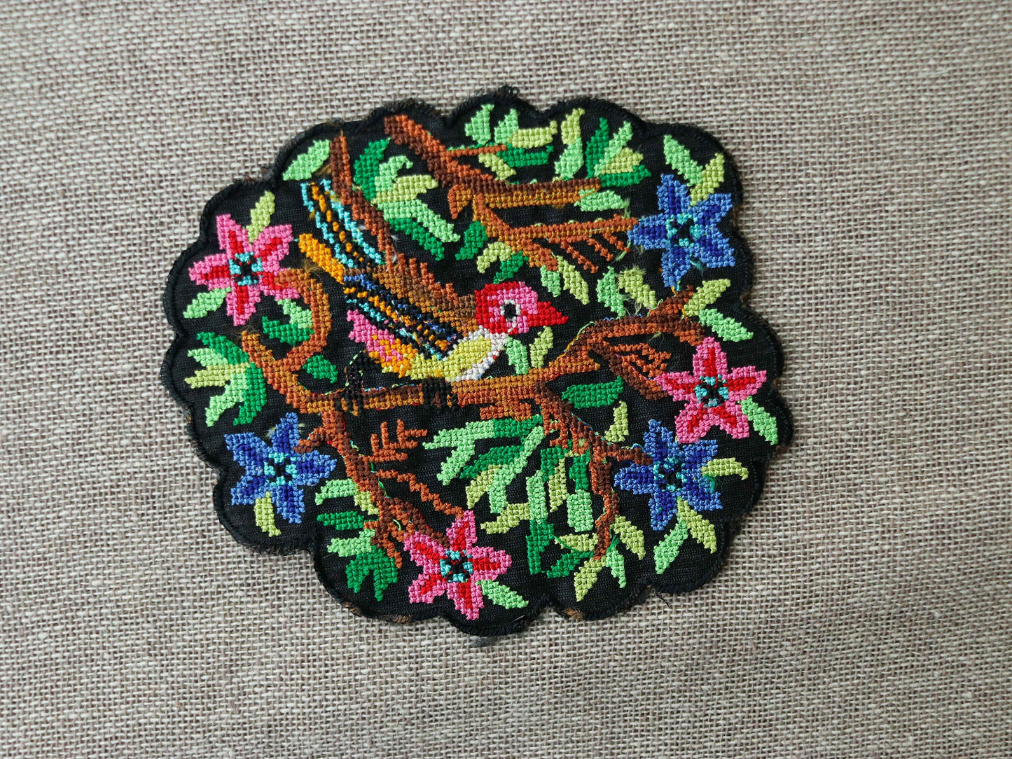 Black Multicolour Parrot embroidered patch,Cross stitch Parrot applique, Colourful fabric bird patch,Quirky Boho DIY Bird Patch