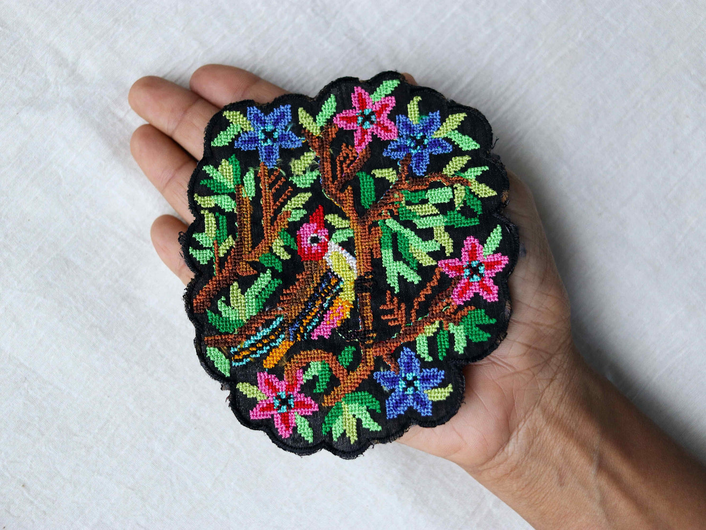 Black Multicolour Parrot embroidered patch,Cross stitch Parrot applique, Colourful fabric bird patch,Quirky Boho DIY Bird Patch