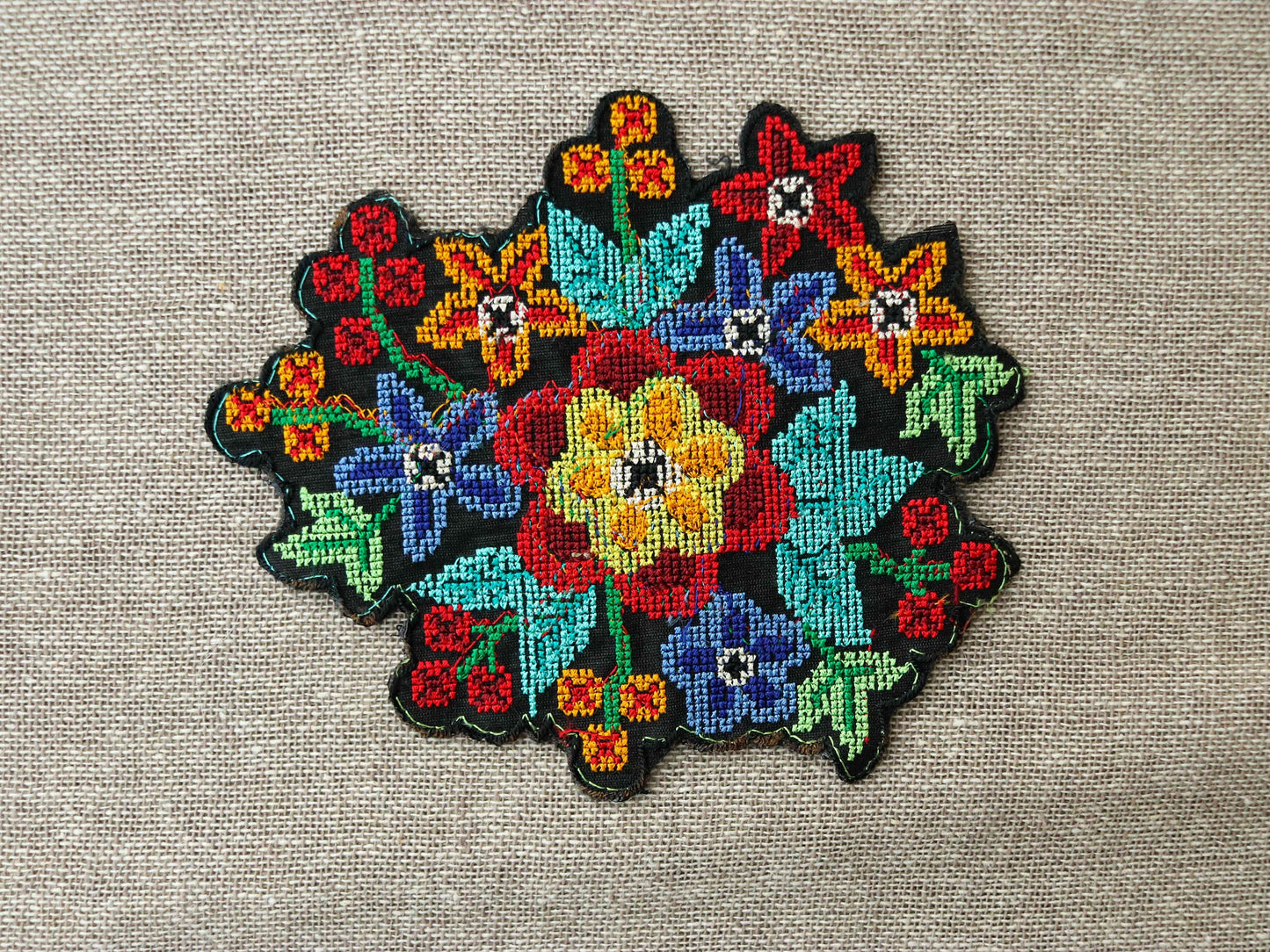 Black Multicolour Floral embroidered patch,Cross stitch Floral bouquet applique, Colourful fabric patch,Quirky Boho DIY Floral Patch