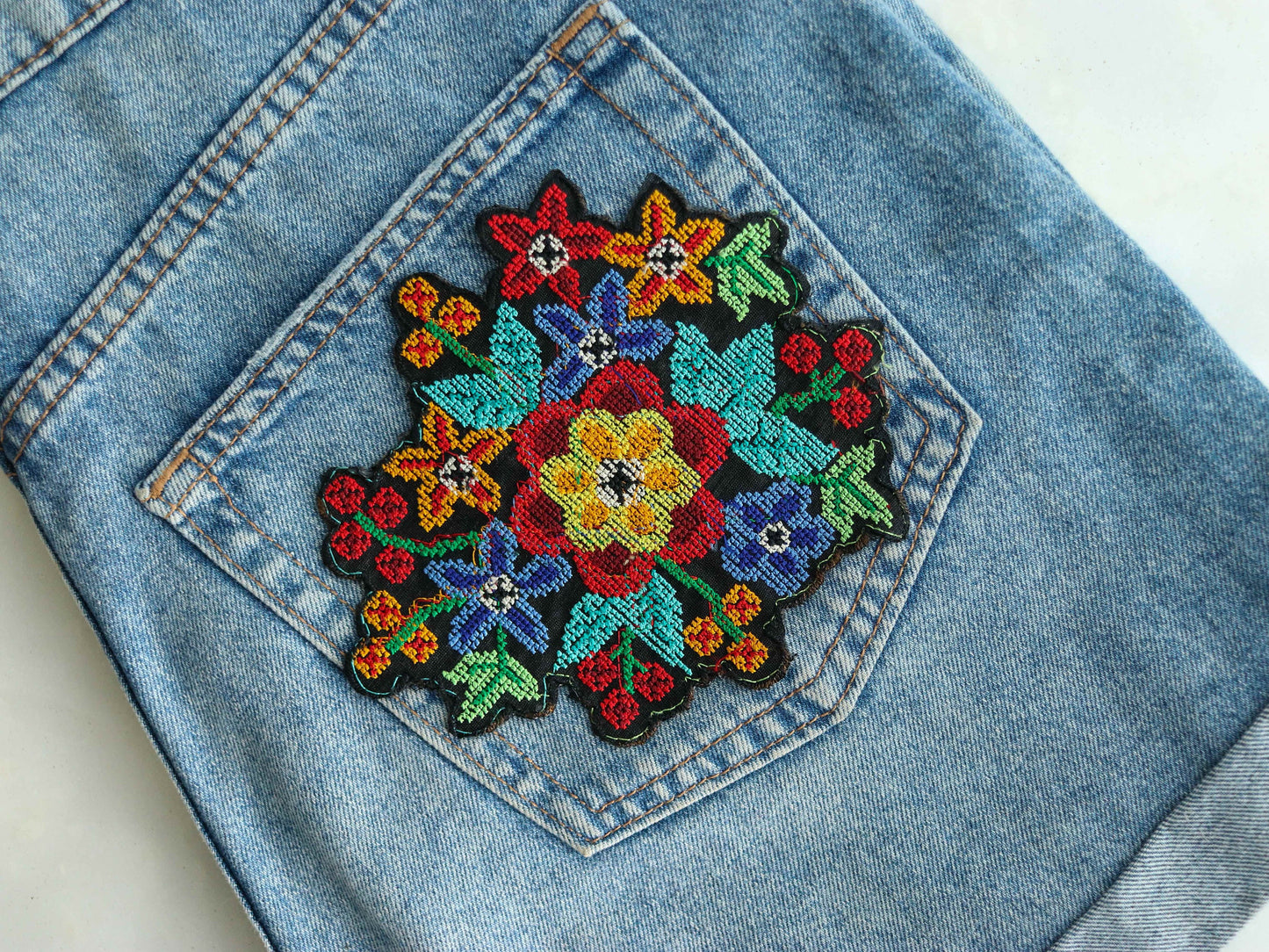 Black Multicolour Floral embroidered patch,Cross stitch Floral bouquet applique, Colourful fabric patch,Quirky Boho DIY Floral Patch