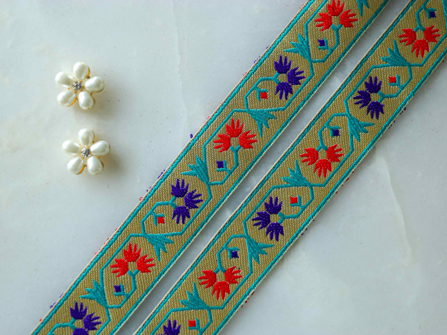 Red Blue Floral Banarasi Trim,Brocade Border,Indian Brocade Lace,Banarasi Saree Border,Golden Bridal Trim,Price/mtr