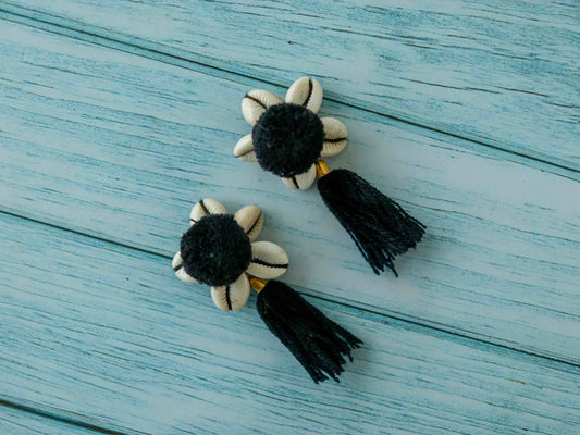 Cowrie Pompom Tassel Handmade Charm,Black Boho Button Latkan, Quirky Rustic Indian Tribal Bag Charm,Tufted Tassel Christmas Tree Decoration