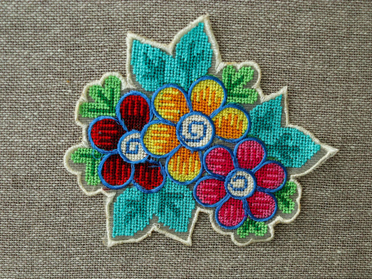 White Multicolour Floral embroidered patch,Cross stitch Floral bouquet applique, Colourful fabric patch,Quirky Boho DIY Floral Patch