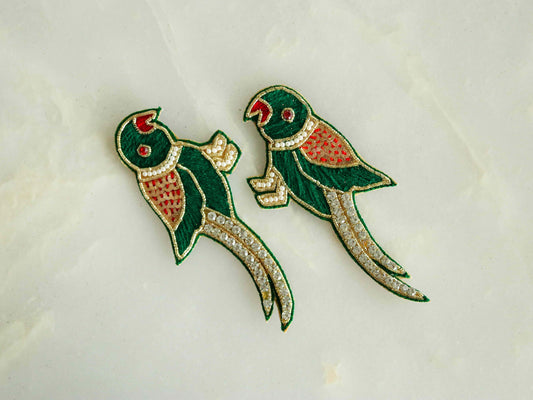 Green Gold Parrot embroidered patch,Handmade Parrot applique, Dark Green Gold bird patch,Quirky Boho DIY Bird Patch