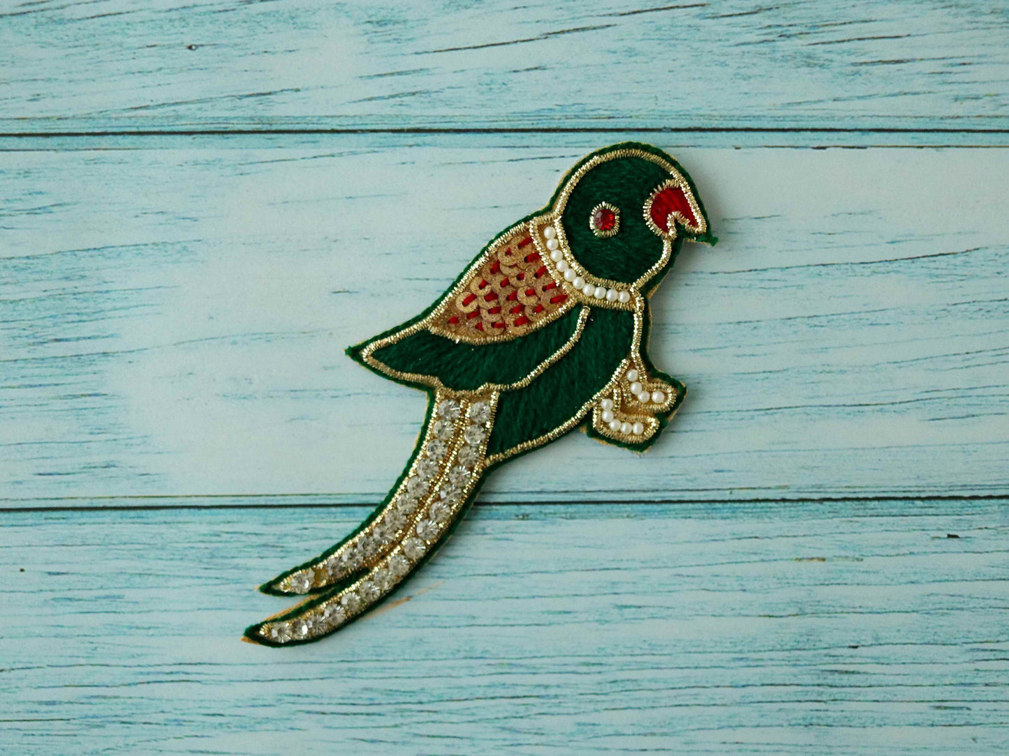 Green Gold Parrot embroidered patch,Handmade Parrot applique, Dark Green Gold bird patch,Quirky Boho DIY Bird Patch
