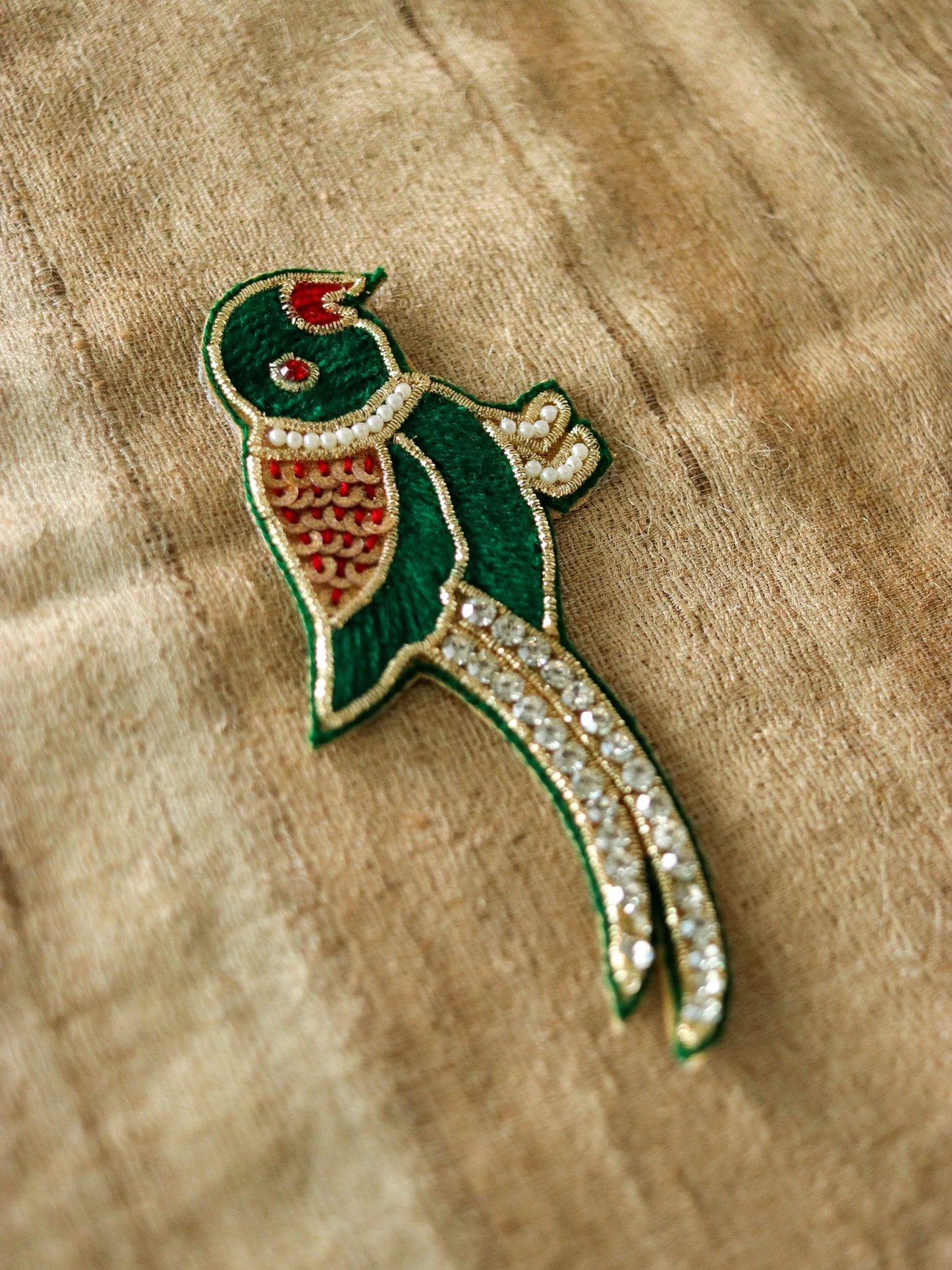 Green Gold Parrot embroidered patch,Handmade Parrot applique, Dark Green Gold bird patch,Quirky Boho DIY Bird Patch