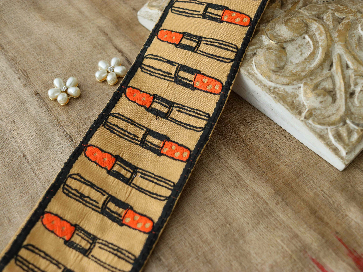 Quirky Lipstick Embroidered Trim,Boho Make-up Embroidered Lace,Beige Orange Playful Indian Saree Border,Price/mtr