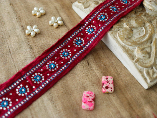 Pink Floral Velvet Embroidered Trim,Pink Blue Diamante Border,Indian Fabric Pink Velvet Floral Lace,Pink Saree Border,Price/mtr