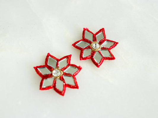 Red mirror floral embroidered patch,Handmade floral mirror applique, Red zari butti floral patch,DIY Patch, 2 pieces