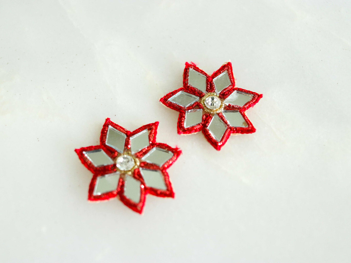 Red mirror floral embroidered patch,Handmade floral mirror applique, Red zari butti floral patch,DIY Patch, 2 pieces