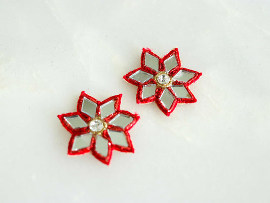 Red mirror floral embroidered patch,Handmade floral mirror applique, Red zari butti floral patch,DIY Patch, 2 pieces