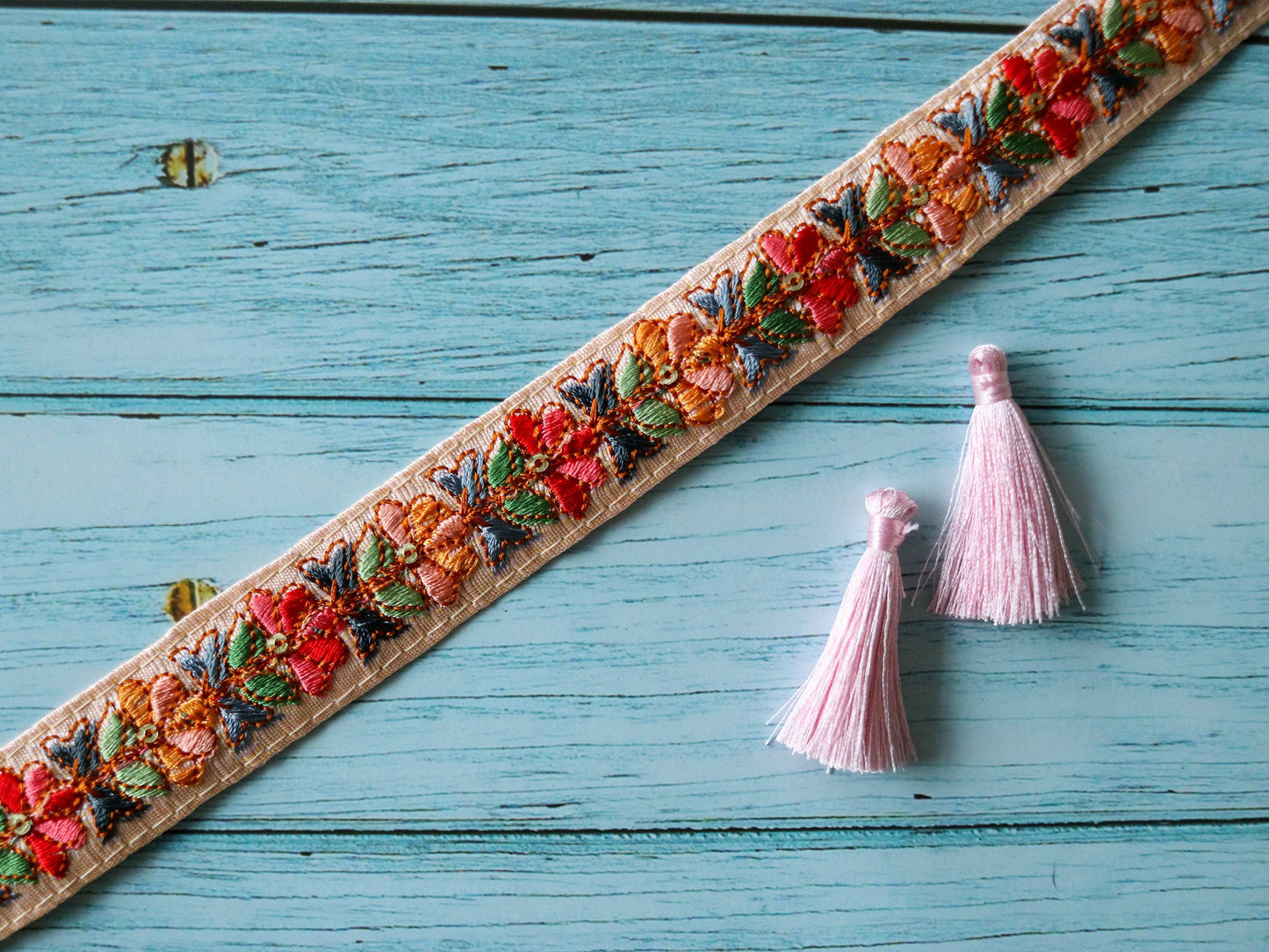 Peach Fuzz Floral Embroidered Trim,Multicolour Indian Fabric Embroidered Border,Peach Pink Red Floral Lace,Floral Saree Border,Price/mtr