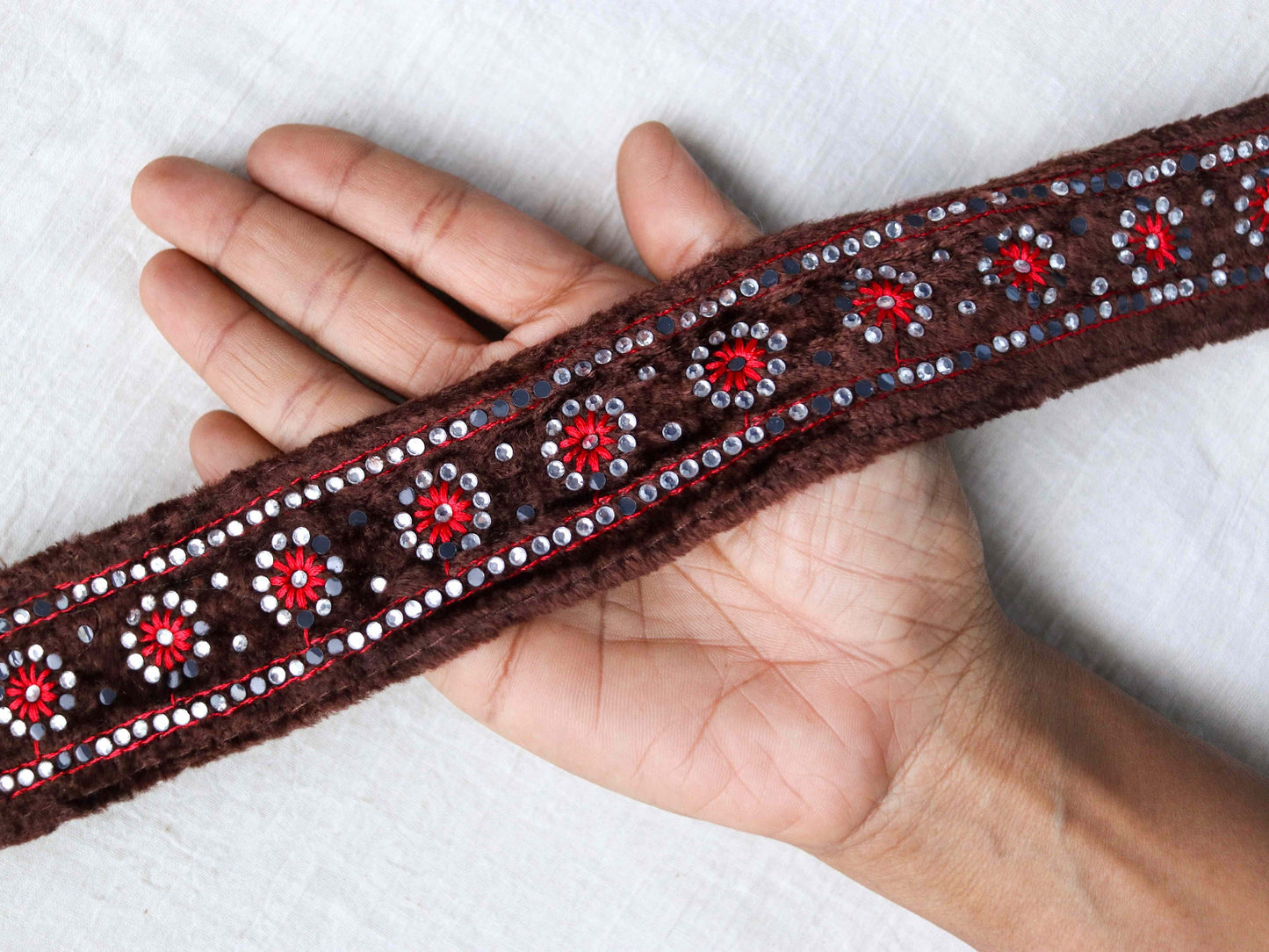 Brown Floral Velvet Embroidered Trim,Brown Red Diamante Border,Indian Fabric Brown Velvet Floral Lace,Brown Saree Border,Price/mtr