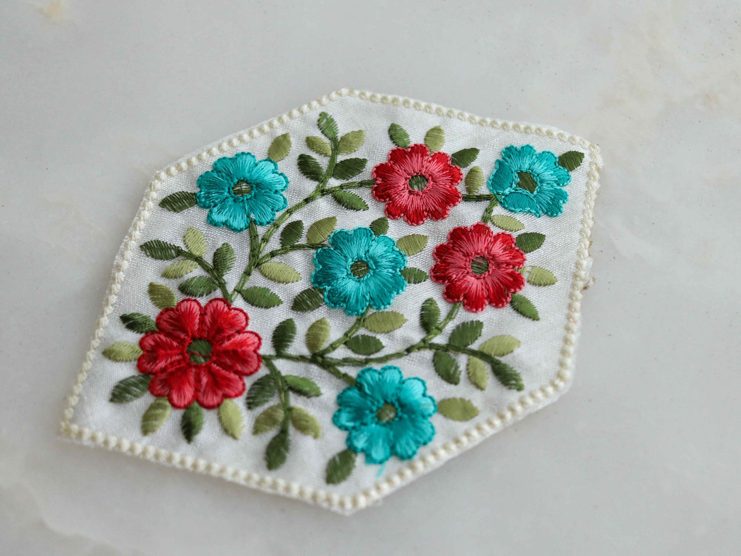 White Red Floral embroidered patch,White Teal Floral bouquet applique, Colourful fabric patch,Quirky Boho DIY Floral Patch