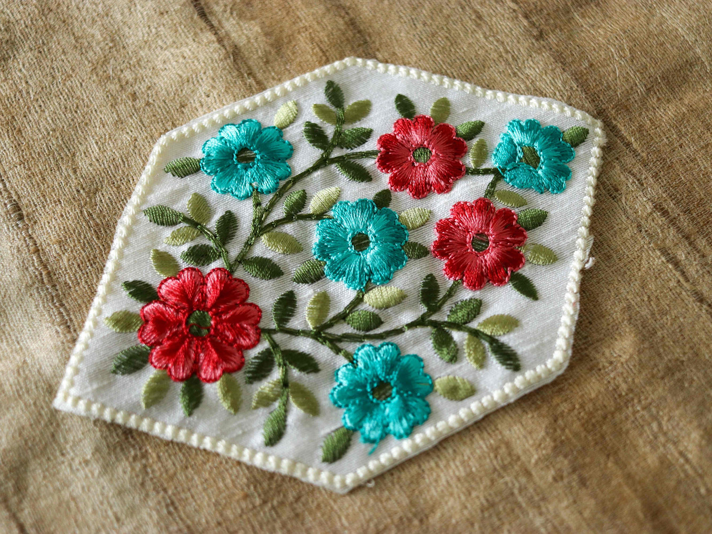 White Red Floral embroidered patch,White Teal Floral bouquet applique, Colourful fabric patch,Quirky Boho DIY Floral Patch