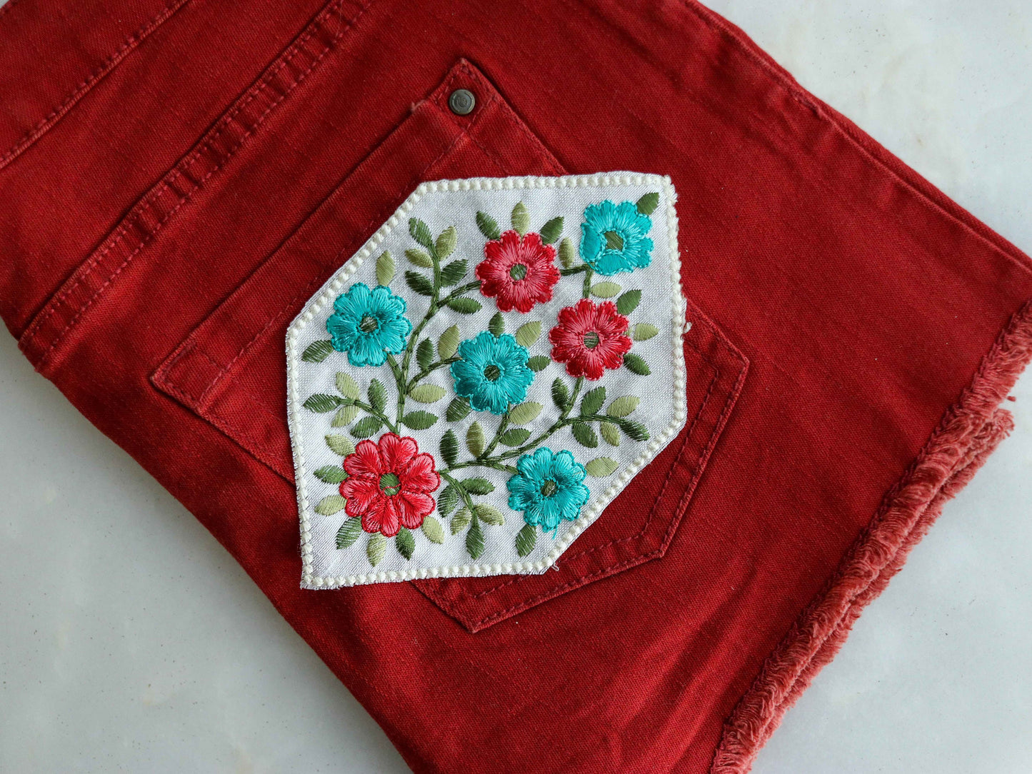 White Red Floral embroidered patch,White Teal Floral bouquet applique, Colourful fabric patch,Quirky Boho DIY Floral Patch