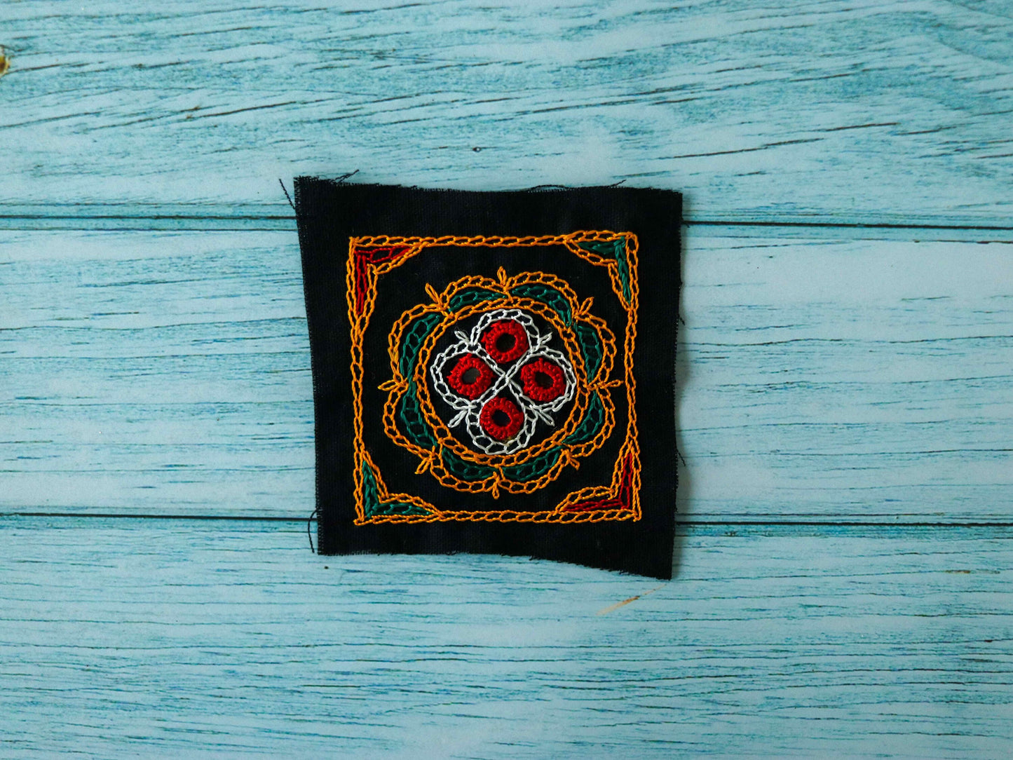 Black Multicolour Kutchi Embroidered Patch,Handmade Mirror Applique,Earthy Boho Tribal Banjara Black Mirror Embroidery Patch,DIY Patch