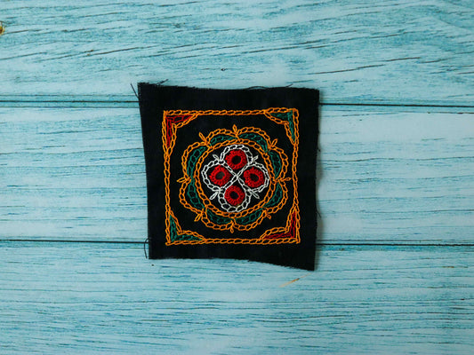 Black Multicolour Kutchi Embroidered Patch,Handmade Mirror Applique,Earthy Boho Tribal Banjara Black Mirror Embroidery Patch,DIY Patch