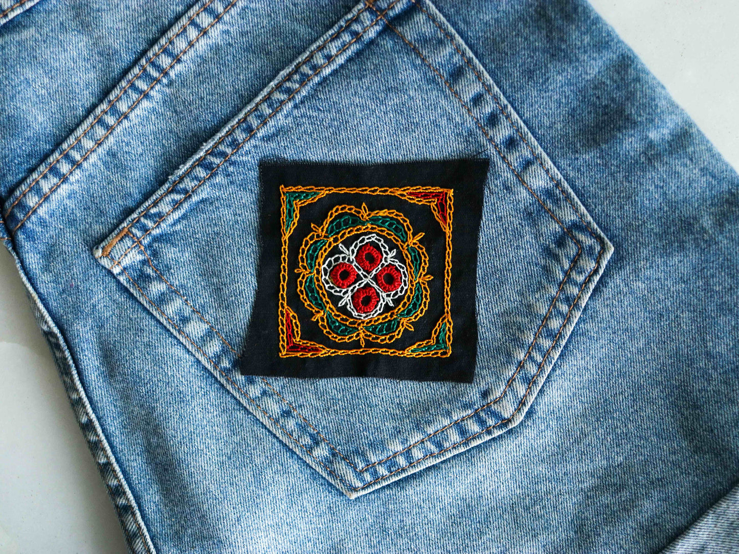 Black Multicolour Kutchi Embroidered Patch,Handmade Mirror Applique,Earthy Boho Tribal Banjara Black Mirror Embroidery Patch,DIY Patch