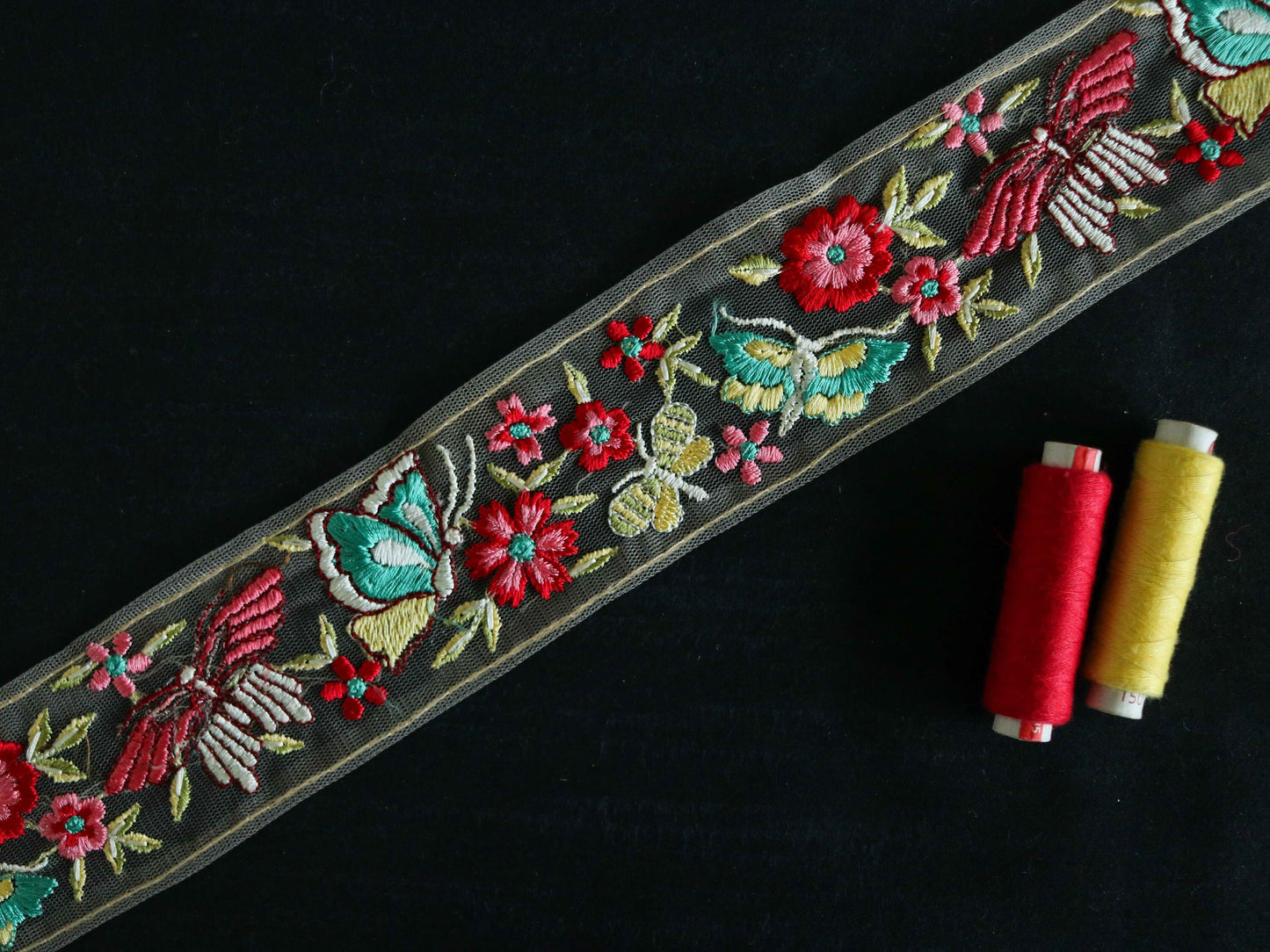 Pink Yellow Butterfly Floral Trim,Embroidered Floral Net Border,Pink Teal Floral Lace,Indian Fabric Trim,Butterfly Saree Border,Price/mtr